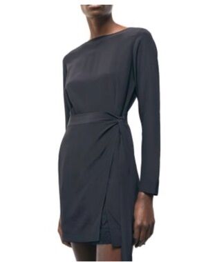 The Kooples Long Sleeve Black silk Wrap skirt Mini Dress with lace underskirt